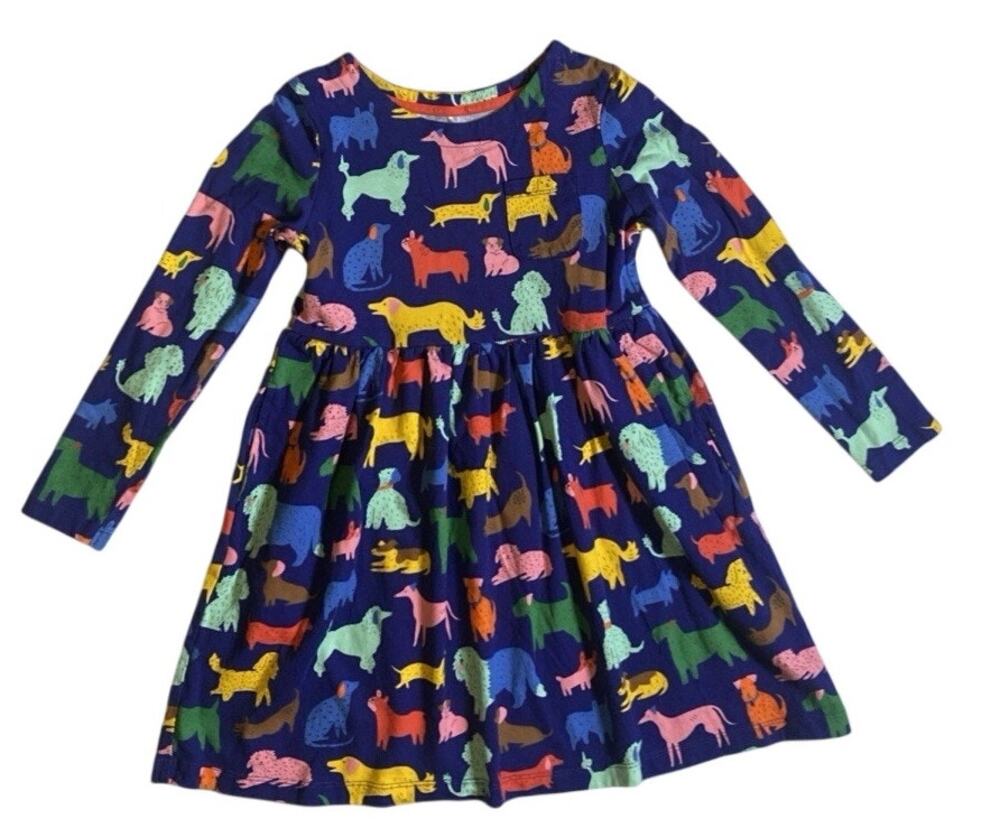 Mini Boden Kids' Long Sleeve Fun Jersey Dress Starboard Playful Pups 6-7Y